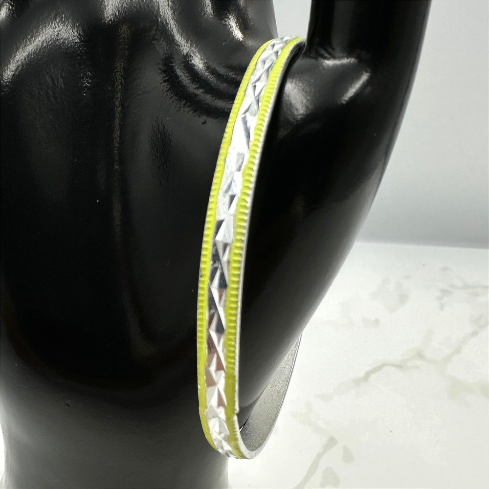 Vintage Silver Tone Chevron‎ Bangle Bracelet Yellow Lime Enamel Boho Statement